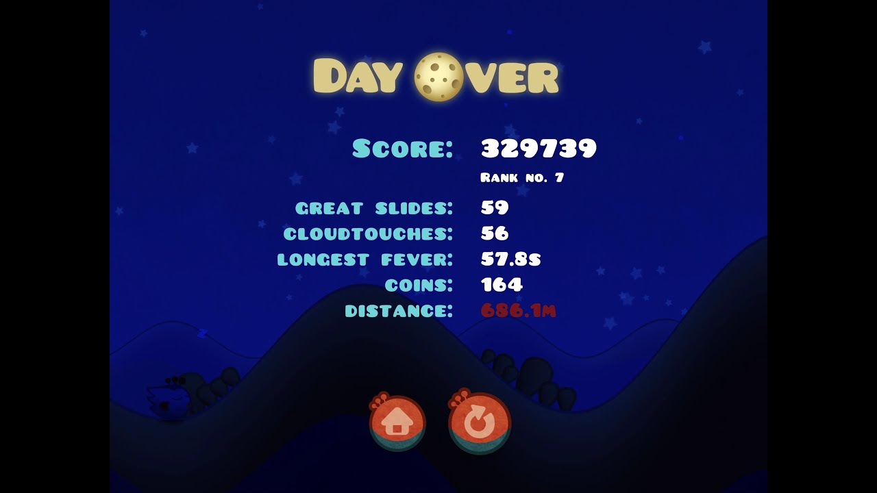 Tiny wings distance 686.1 m Island 10 and stats