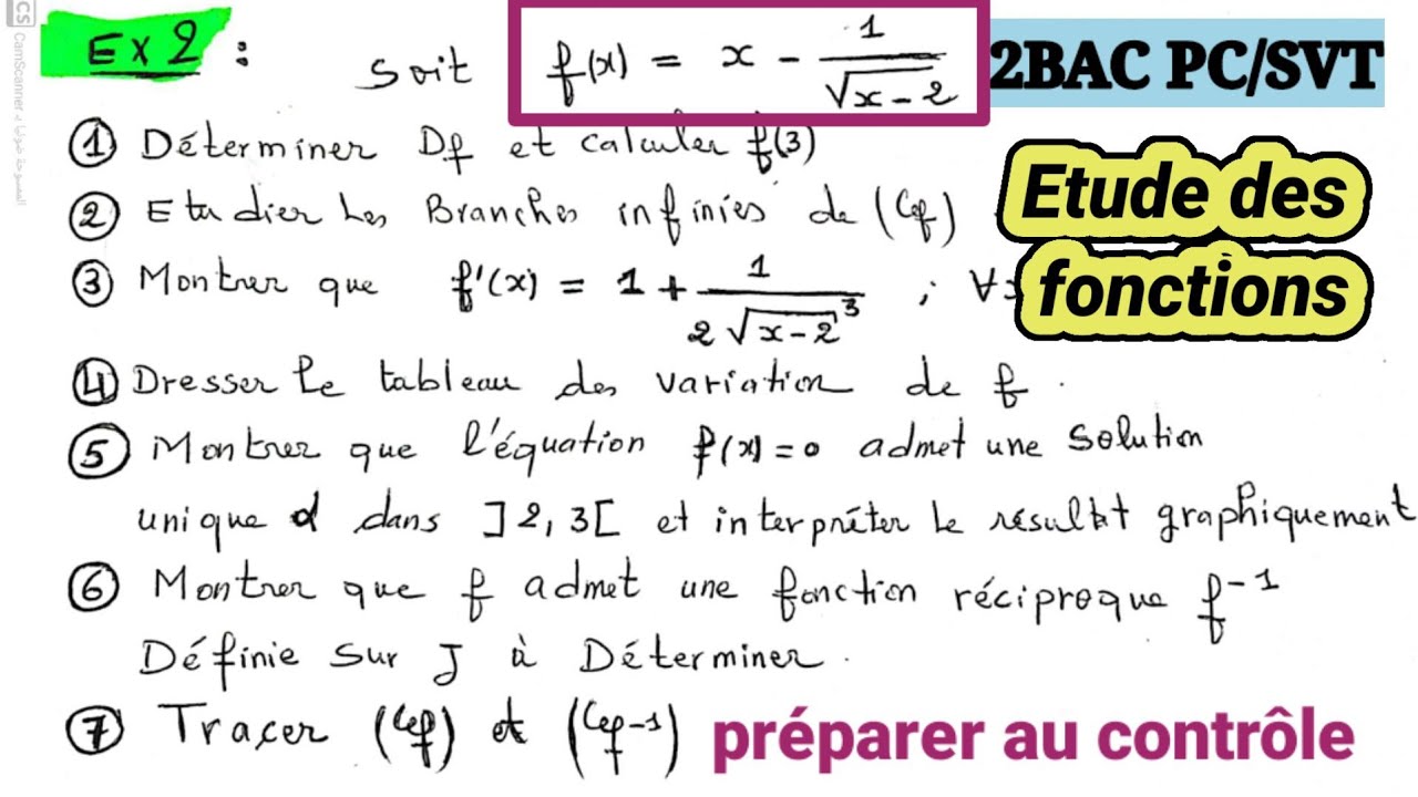 Étude des fonctions 2BAC PC/SVT préparer au contrôle exercice 2