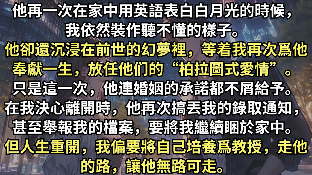 他再一次用英語表白白月光的時候，我依然裝作聽不懂的樣子。他卻還沉浸在上一世的幻夢裏，等著我再次為他奉獻一生，放任他與白月光的“柏拉圖式愛情”。幸好，這一世，我還沒嫁他，也不會再嫁他