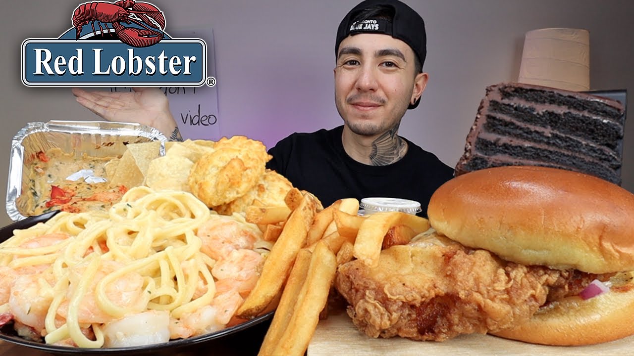 MUKBANG EATING Red Lobster Fried Cod Sandwich, Shrimp and Lobster Linguine, Chocolate Cake