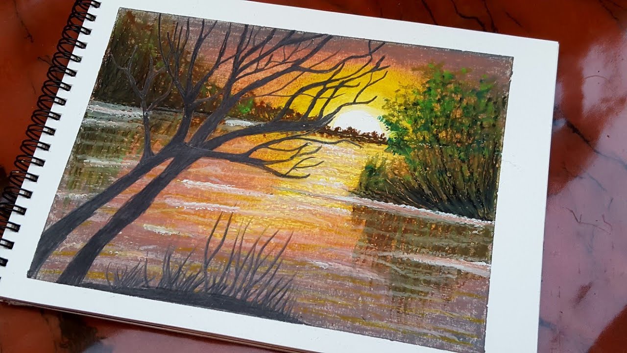 beautiful sunset scenery / how to make easy oil pastel colours painting