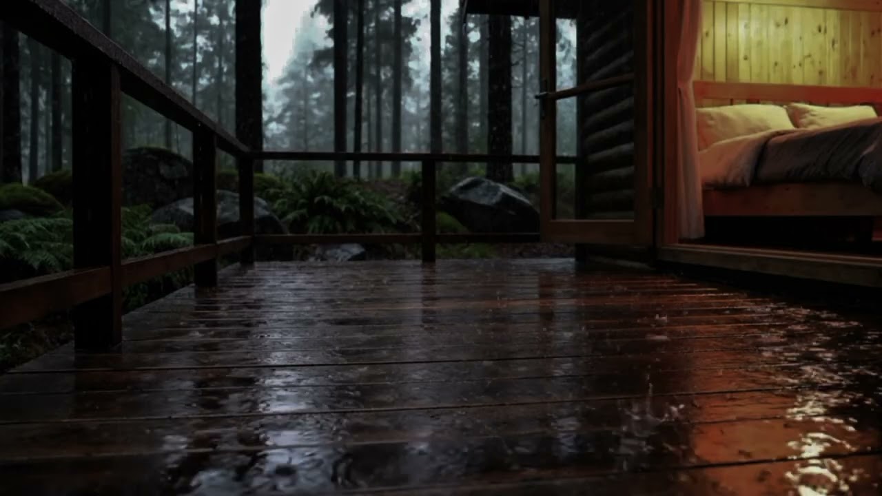 No ads | Gentle Rain Sounds on Cozy Cabin Deck | Relaxing Forest Ambience for Sleep & Study (4K)