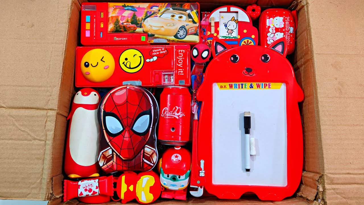 Unboxing Modern Red Stationery 📚, Piggy bank  Pencil Box, Sketch board, Pen Stand, Pouch, Table Lamp