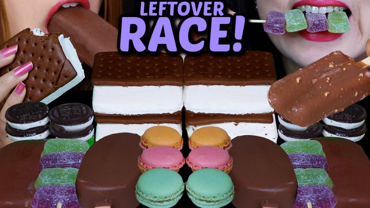 ASMR LEFTOVER DESSERT RACE! CHOCOLATE ICE CREAM BARS, ICE CREAM SANDWICHES, MACARONS, JELLY CANDY