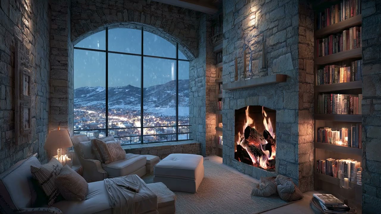 Winter Piano Peaceful Mood | Gentle Snow and Crackling Fire Creating Calm Comfort
