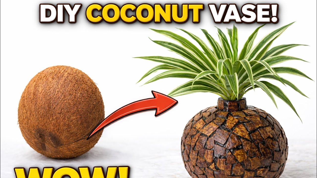 DIY Coconut shell craft Idea|Coconut Shell Flower Vase|Recycled|Coconut Shell  Bottle Art|Simple 