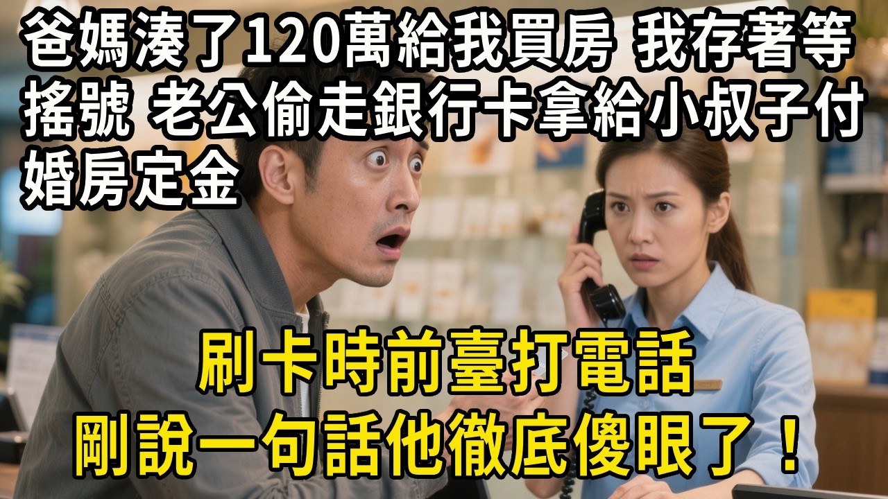 爸媽湊了120萬給我買房，我存著等搖號沒動，老公偷走銀行卡拿給小叔子付婚房定金，刷卡時前臺打電話，剛說一句話他傻眼了！#婆媳#中老年生活 #為人處世 #生活經驗 #情感故事