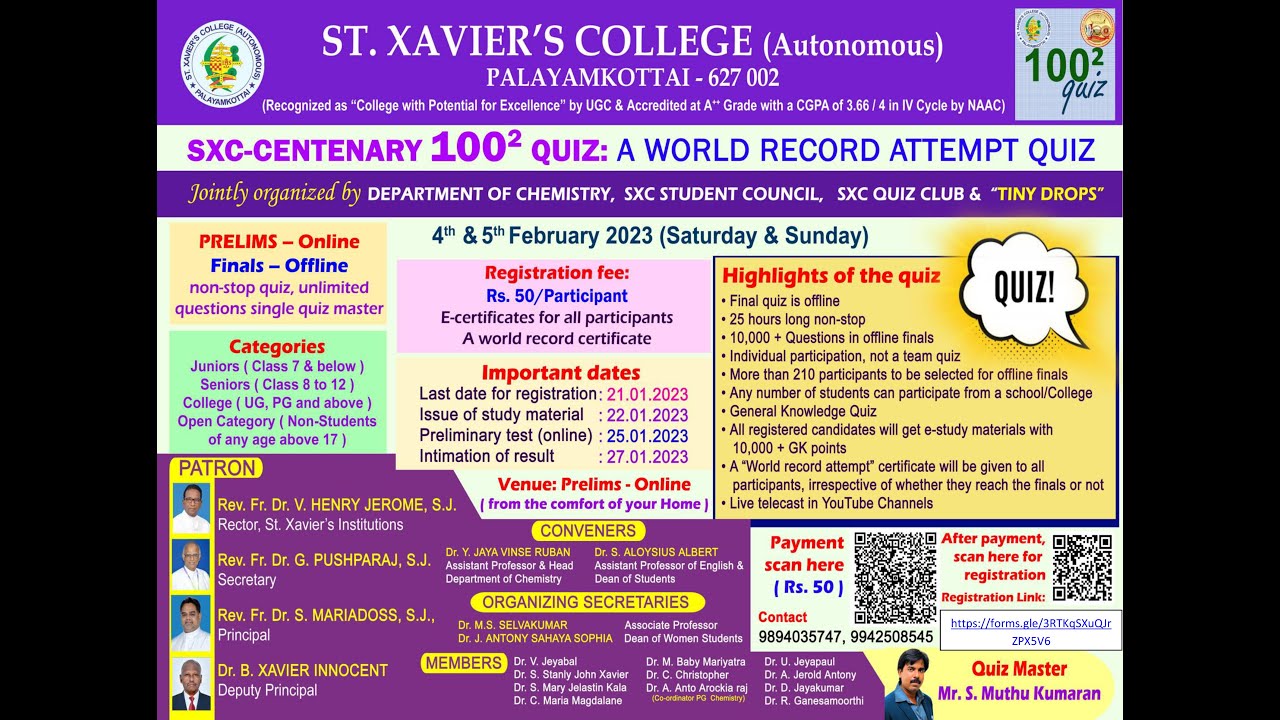 SXC Centenary 100^2 Quiz - World Record Attempt Quiz, Dept. of Chemistry
