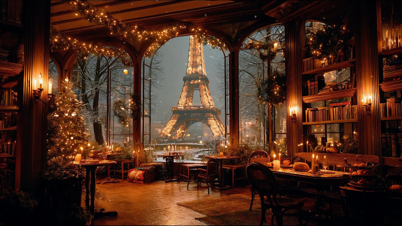 Paris Coffee Shop with Eiffel Tower View ☕ Relaxing Winter Jazz & Snowfall Ambience ❄️