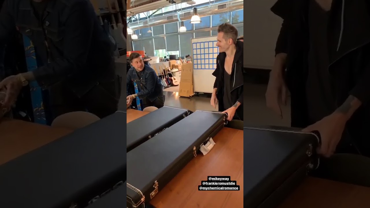 frank iero and mikey way from my chemical romance in fender custom shop's instagram stories 12/19/19