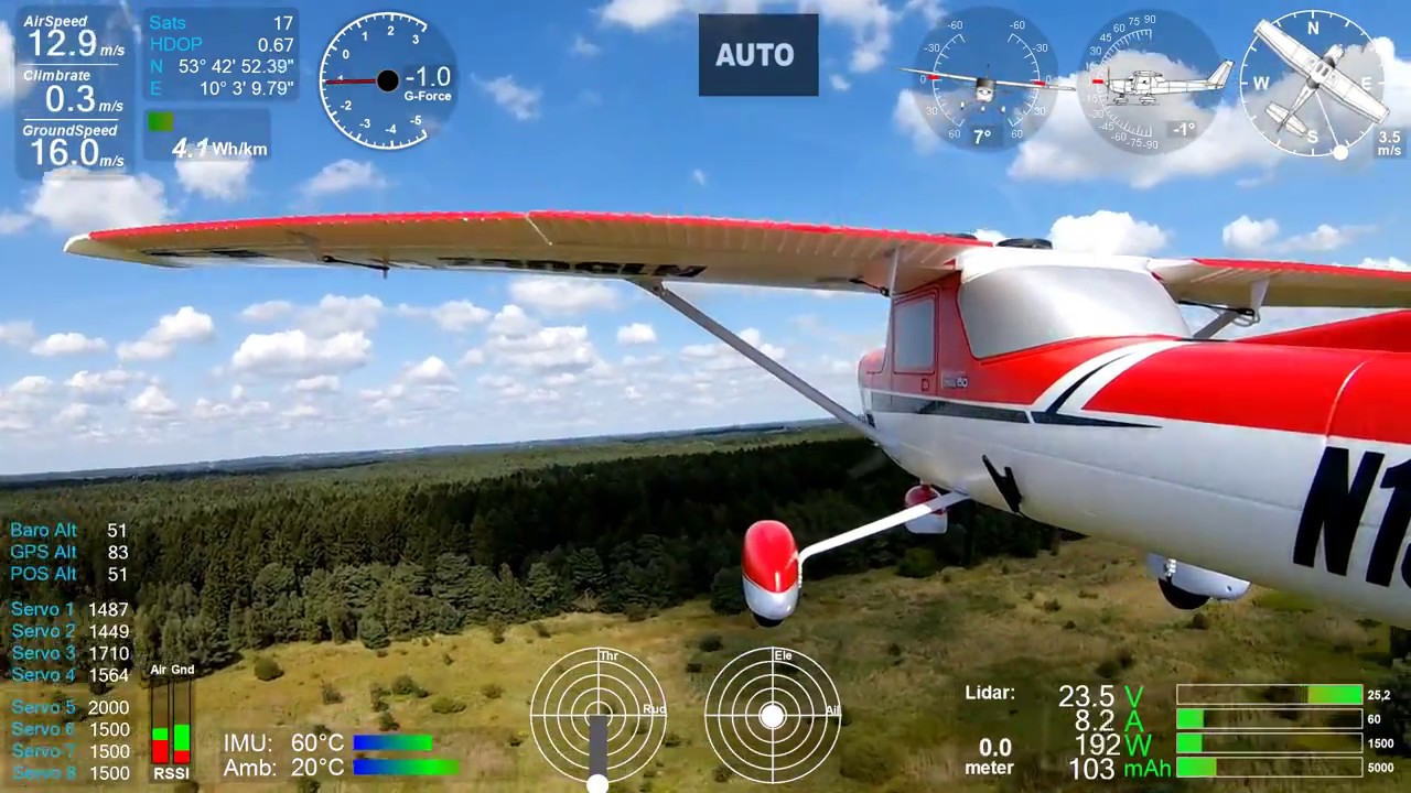 Arduplane Pixhawk 2.1 automatic takeoff, flight landing E-Flite Carbon-Z Cessna 150 + Dashware