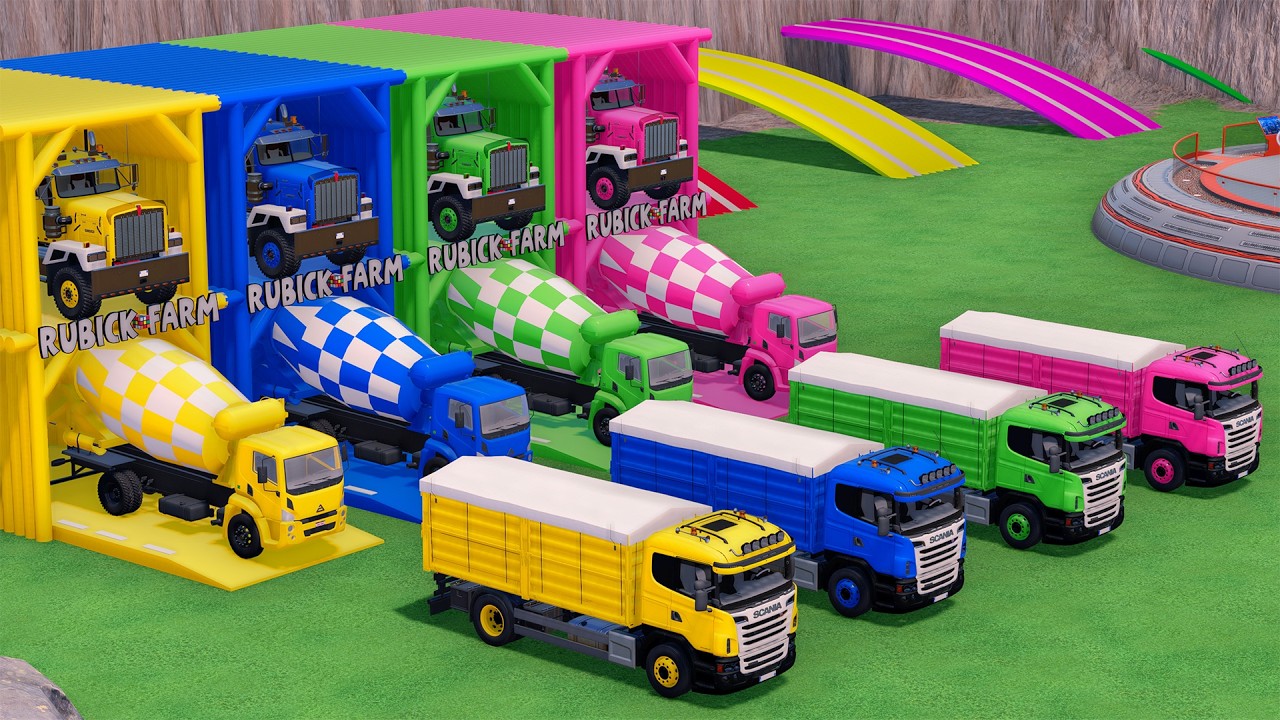 Garage with Colors - ALL MIXER TRUCK WITH DOUBLE FLATBED TRAILER TRUCK, KENWORTH, AGRALE, SCANIA