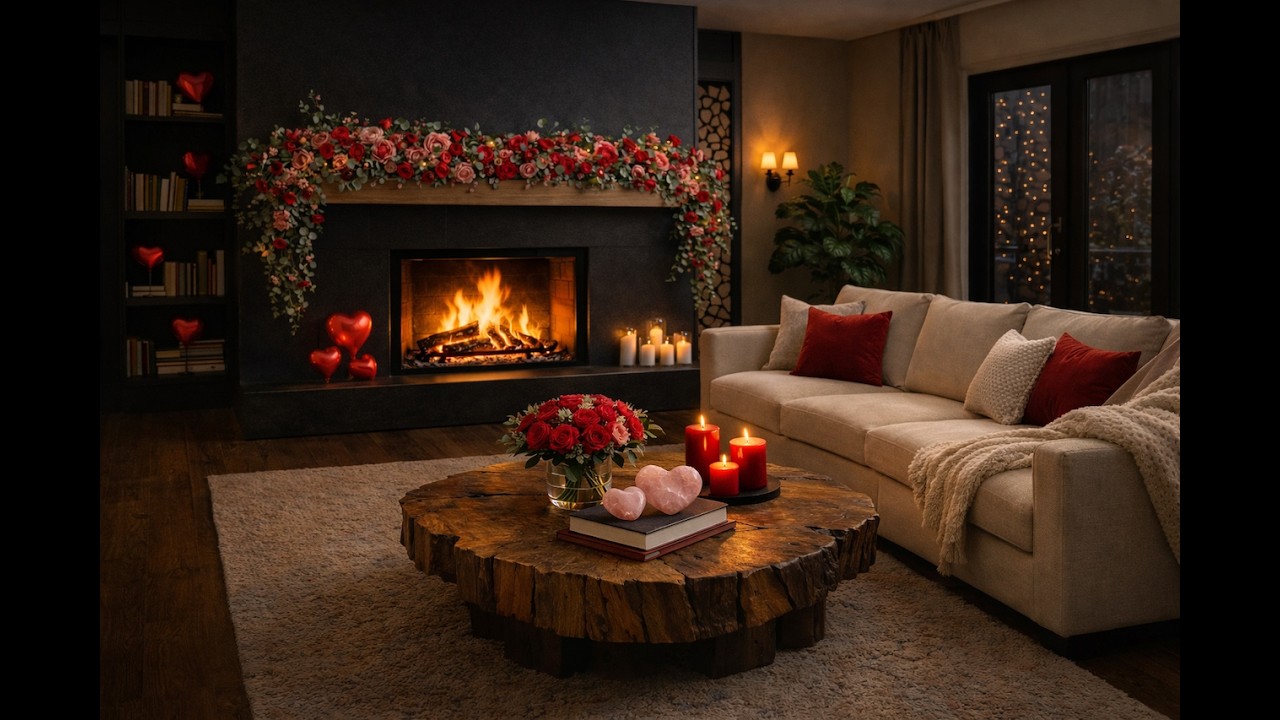 4K 8 Hours of Valentine’s Day Living Room Fireplace Ambience ❤️ Crackling Fire & Romantic Cozy Vibes