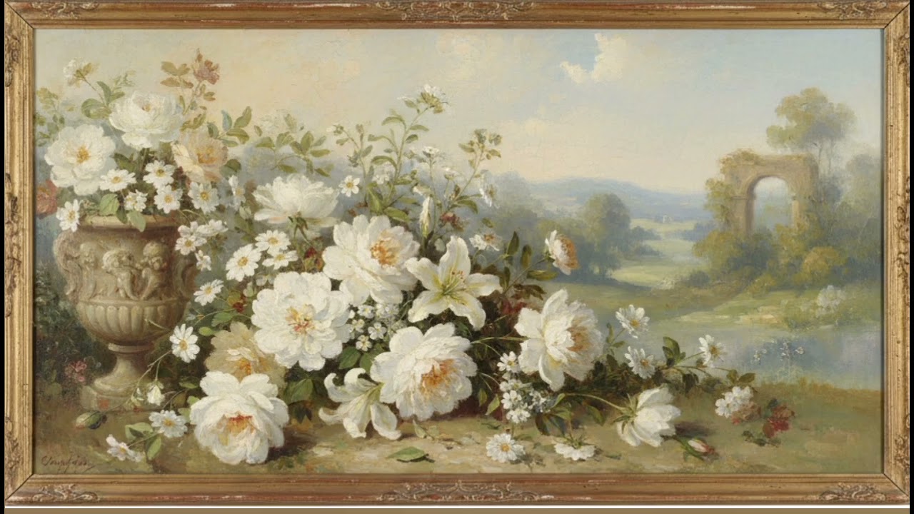 Vintage White Flower Painting | Gold Frame TV Art | Art Screensaver for TV | 1scene-2 Hrs