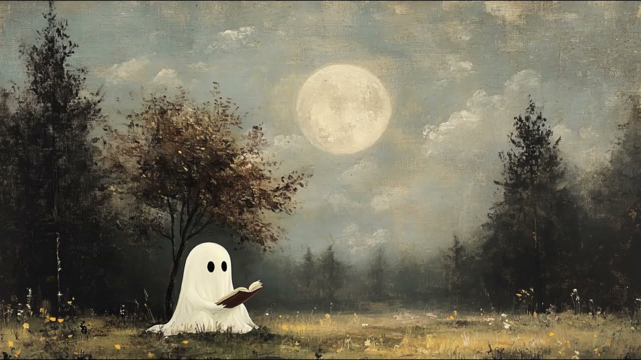 Just One More Chapter, Ghost Reading till Midnight, Vintage Halloween TV Art Screensaver