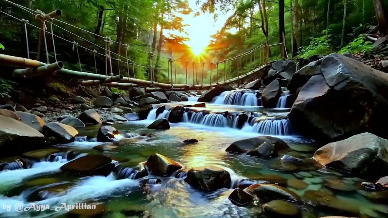 Golden Sunset River 🌅💧 Gentle Waterfall Beneath the Bamboo Bridge for Deep Sleep