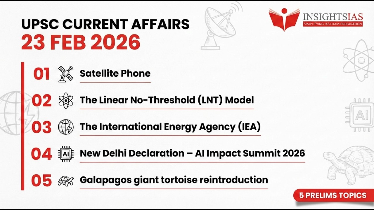 UPSC Current Affairs 23 Feb 2026 | Prelims 2026 | Satellite Phones, LNT, IEA & AI Declaration