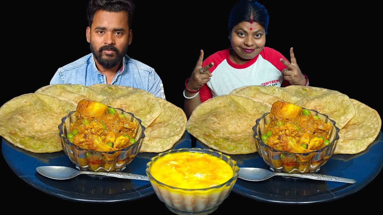 EATING LUCHI/PURI (Koraishutir Kochuri) SPICY  ALOO FULKOPI ROST , GAJAR HALWA | EATING SHOW