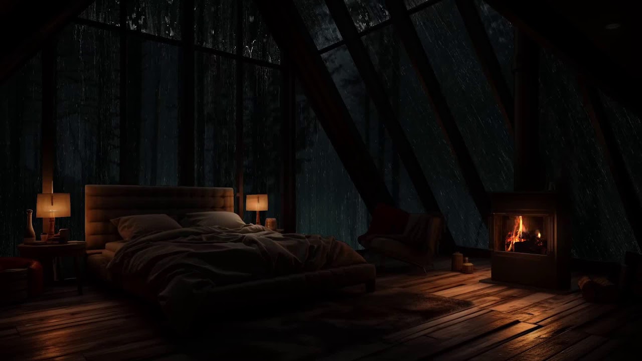 A lonely cabin in the forest as steady rain creates a soothing and peaceful night atmosphere