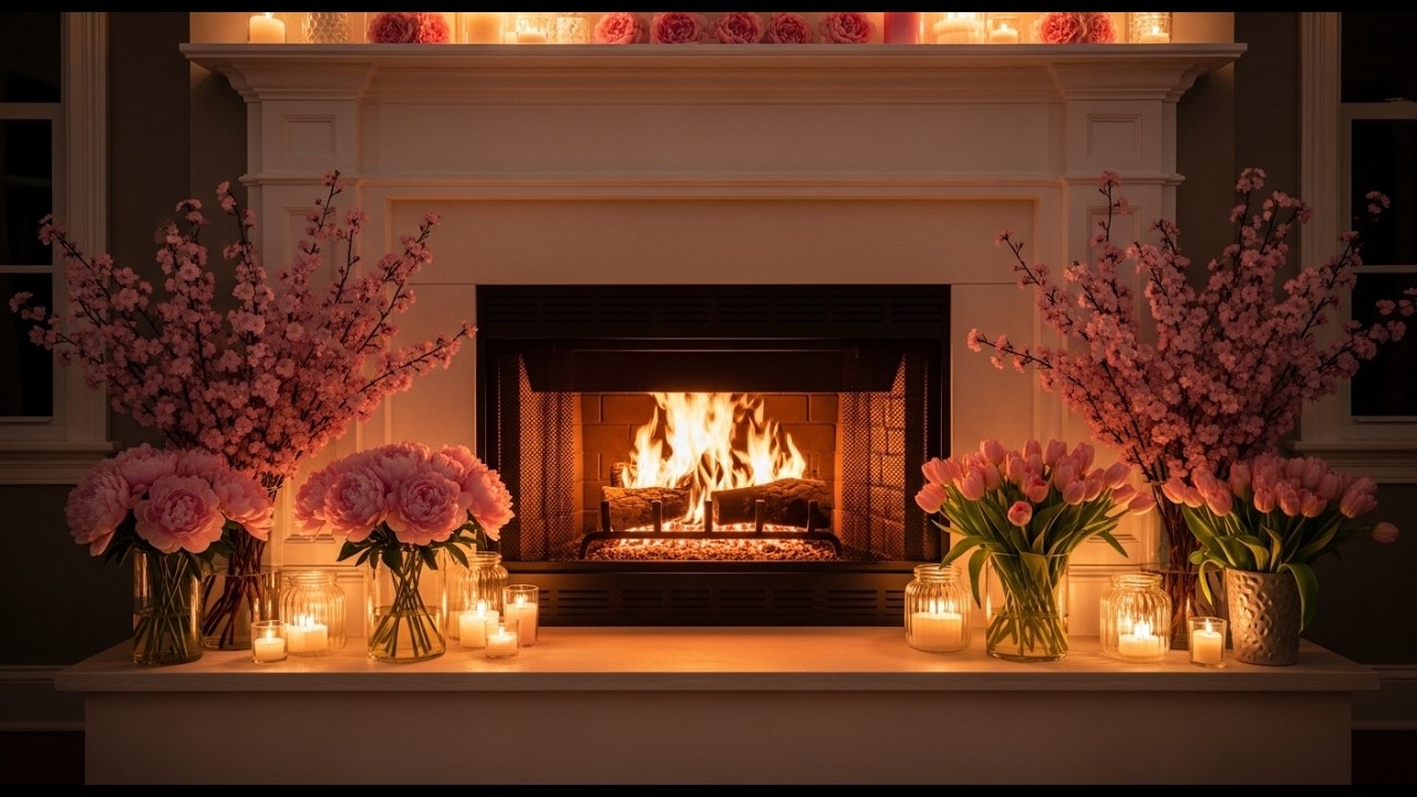 4K Cozy Spring Fireplace ASMR🌸🌷Cherry Blossom & Candlelight Ambience for Sleep Warm Ambience