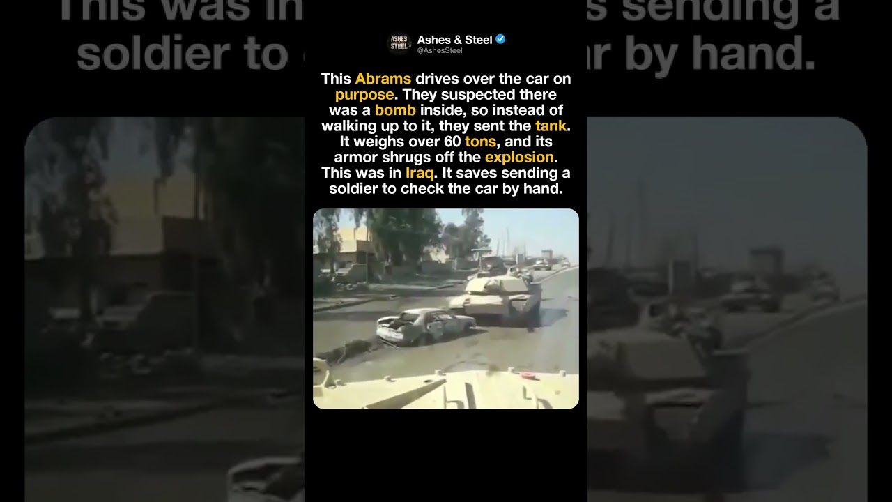 An Abrams tank crushes a car with a bomb inside on purpose