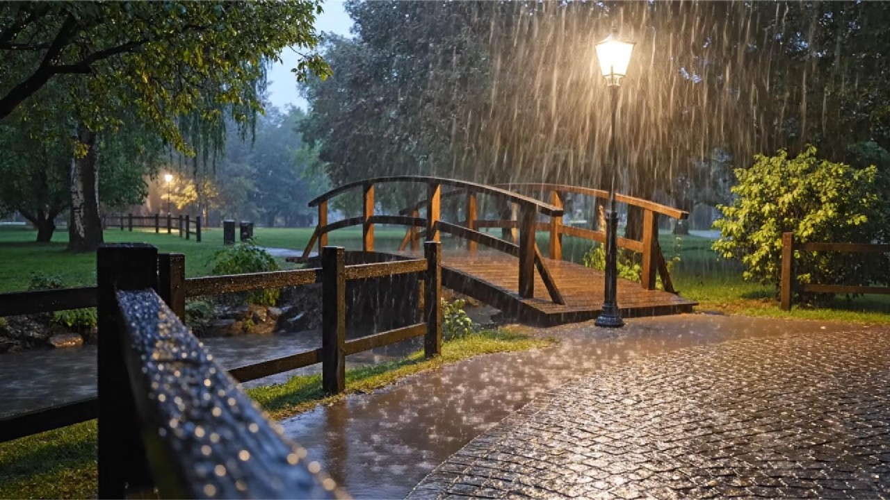 Peaceful Rainy Night Park Walk with Wooden Bridge 🌧️ Relaxing Sleep Ambience 4K  Calm Path Rain