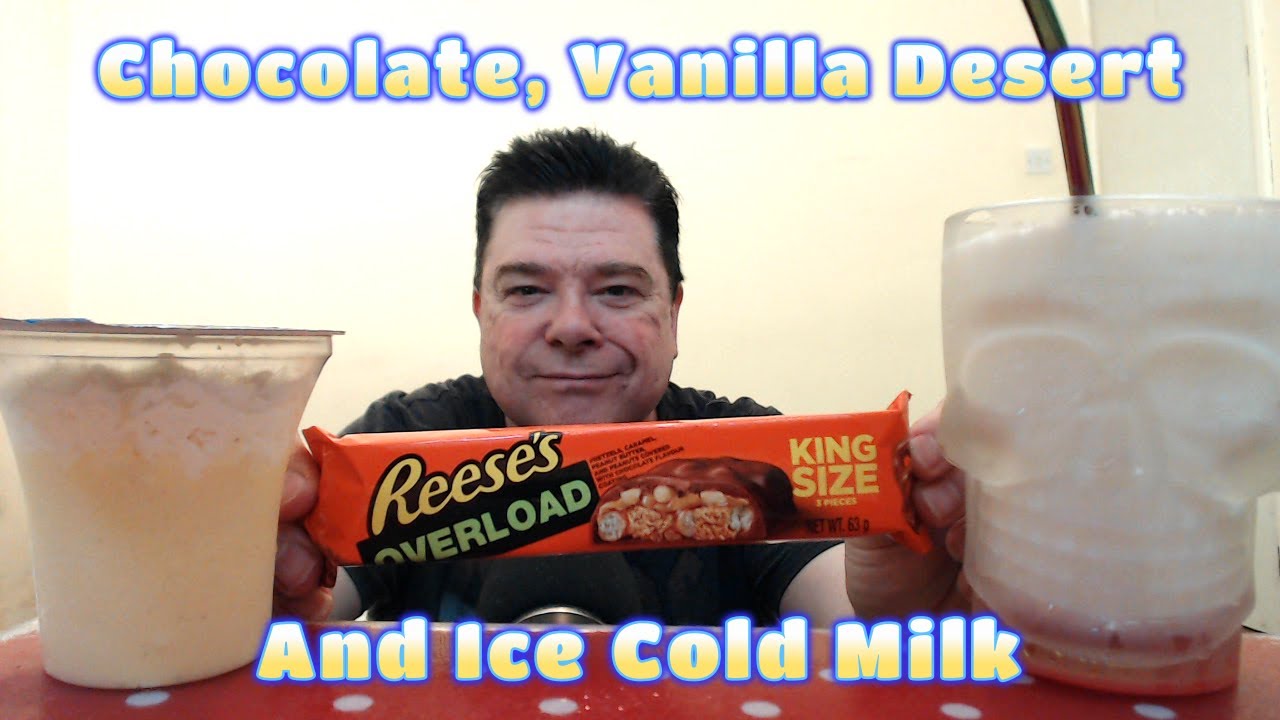 ASMR - Eating A Reeses Overload Chocolate Bar with A Vanilla Desert And Ice Cold Milk