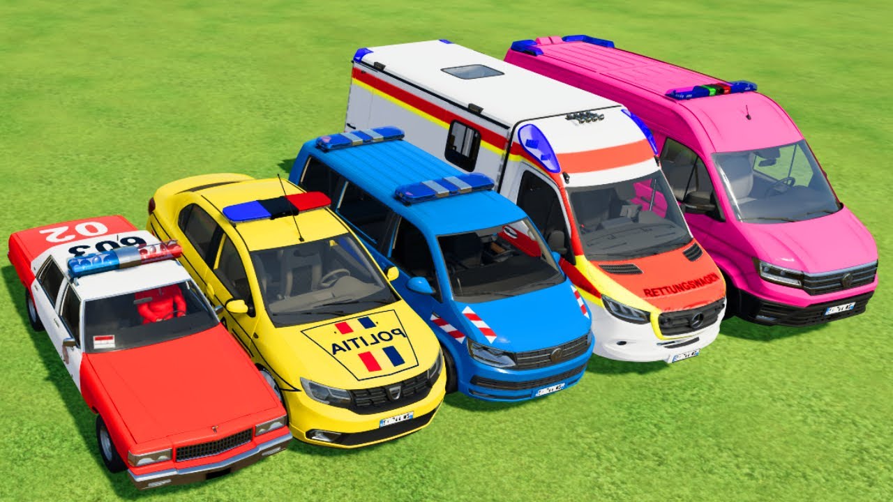 TRANSPORTING POLICE CARS, FIRE DEPARTMENT and AMBULANCE VEHICLES WITH SCANIA TRUCKS ! FS22