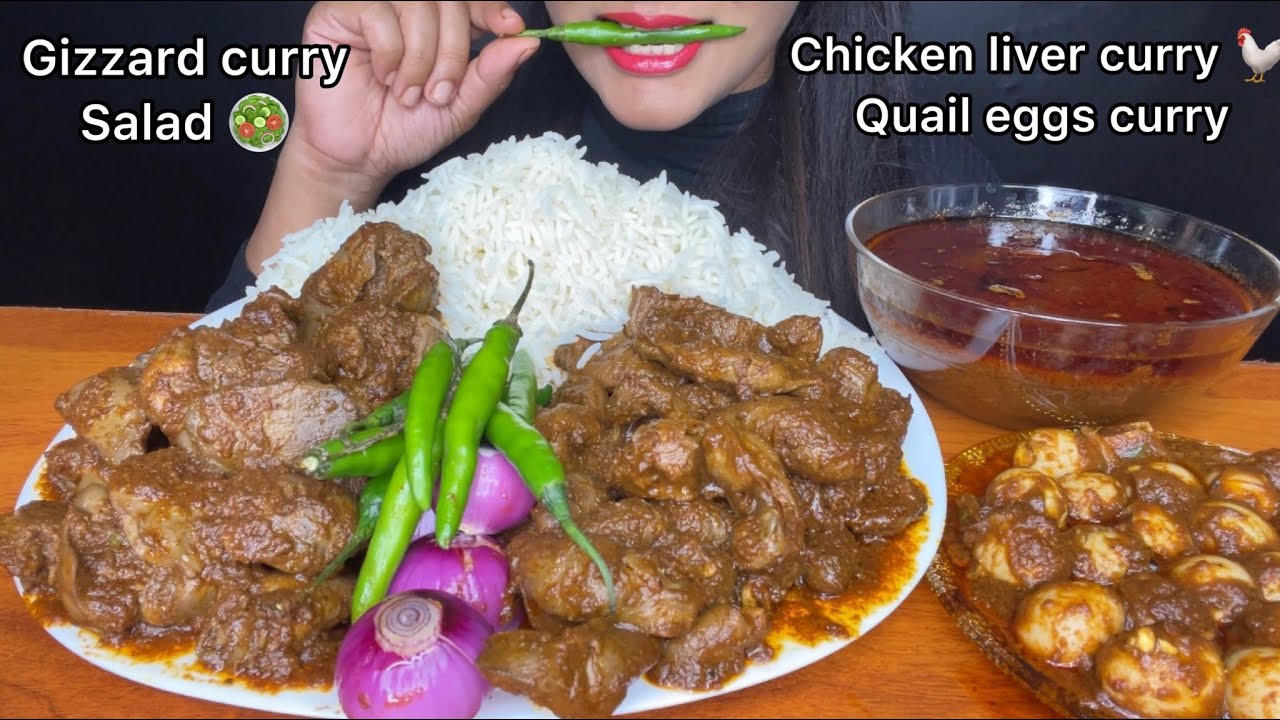 ASMR🔥SPICY* CHICKEN LIVER CURRY  EATING WITH RICE ,GIZZARD CURRY,WHITE RICE,SALAD *EATING SHOW*