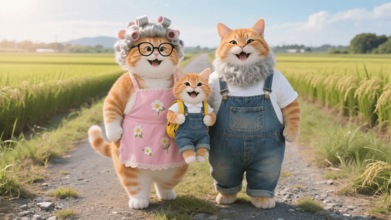 Ginger Kitten Visits Grandma & Grandpa Cat During Harvest—Enjoying a Countryside Meal 🐱🌾