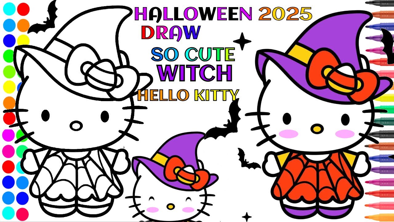 How to draw so cute witch kitty step by step - Drawing a Hello Kitty in a witch costume cartooning