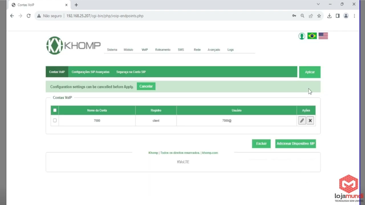 Adicionando novo tronco SIP no KVolTE