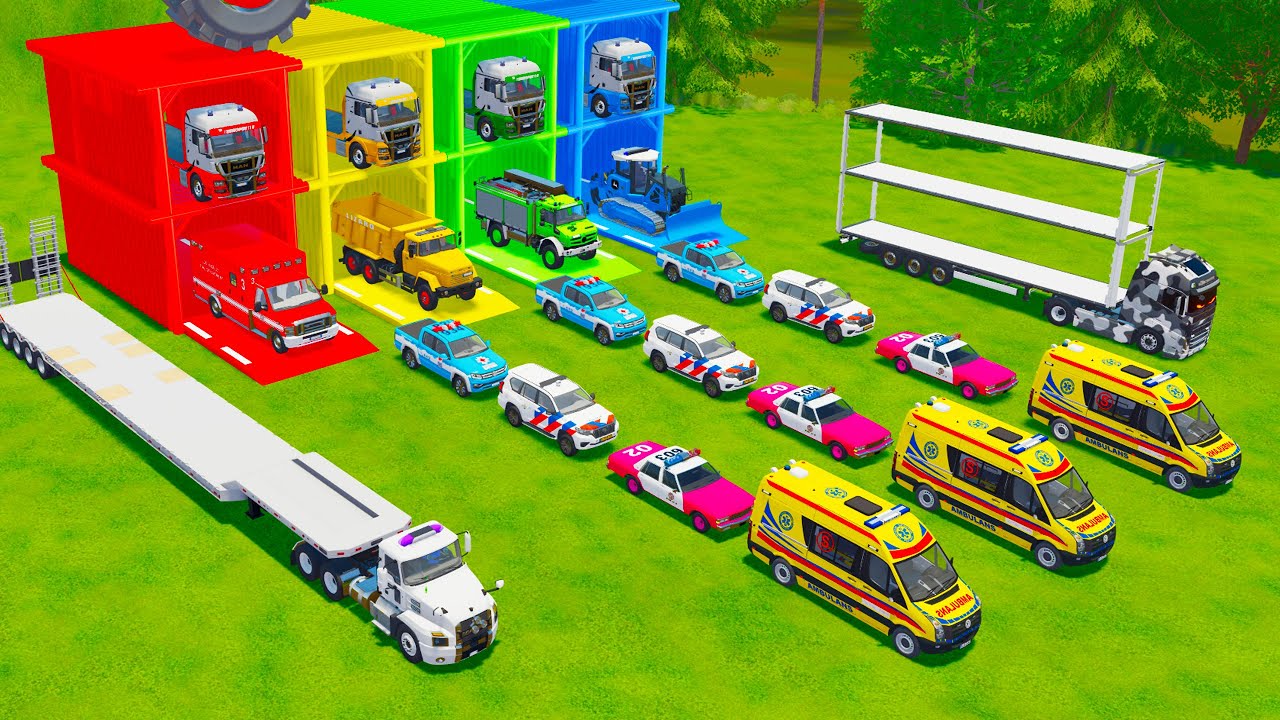 TRANSPORTING ALL POLICE CARS, AMBULANCE, FIRE ENGINE, BULLDOZER, DUMP TRUCK TO GARAGE - FS22