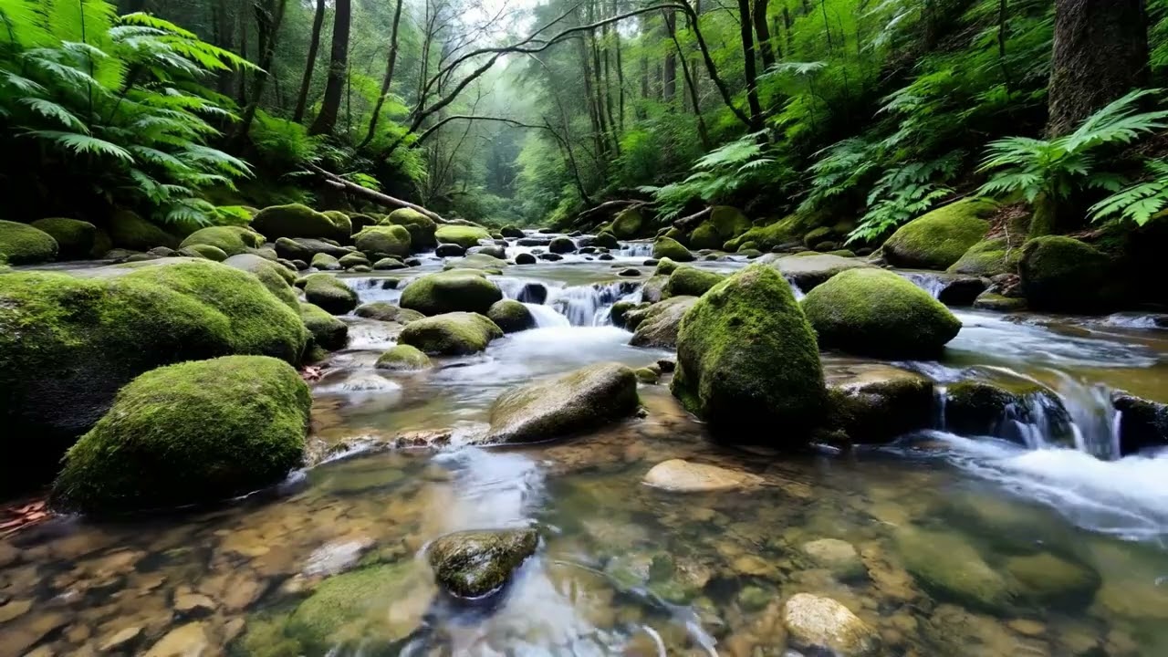 Soft Forest Stream and Birds Singing in a Lush Green Forest