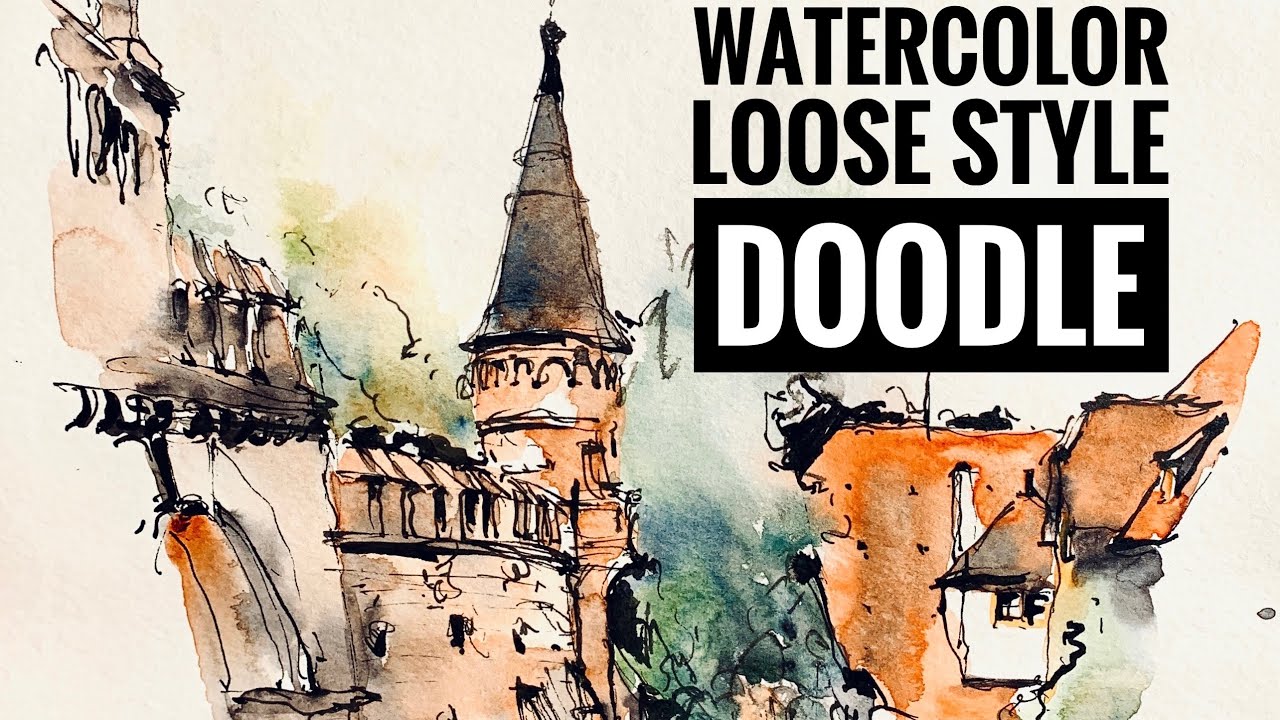 Watercolor loose style doodle/Watercolor sketching demo /Ink and wash