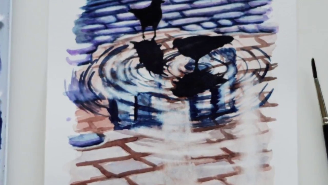 Birds in a puddle / Reflections - Watercolor - Timelapse Painting