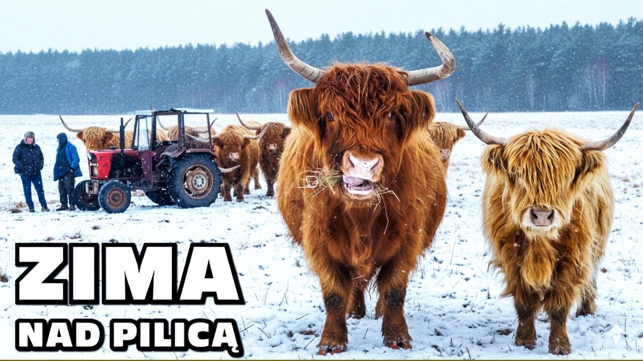 Szkockie krowy nad Pilicą zimą - Highland Beef 2026