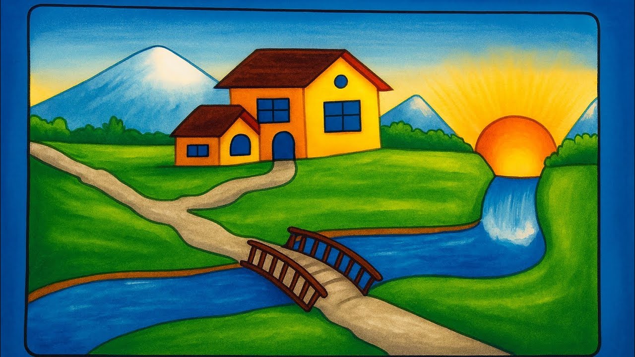 How to draw scenery with house| ghar kese banaye I nature scenery drawing #bestscenery #easydrawing