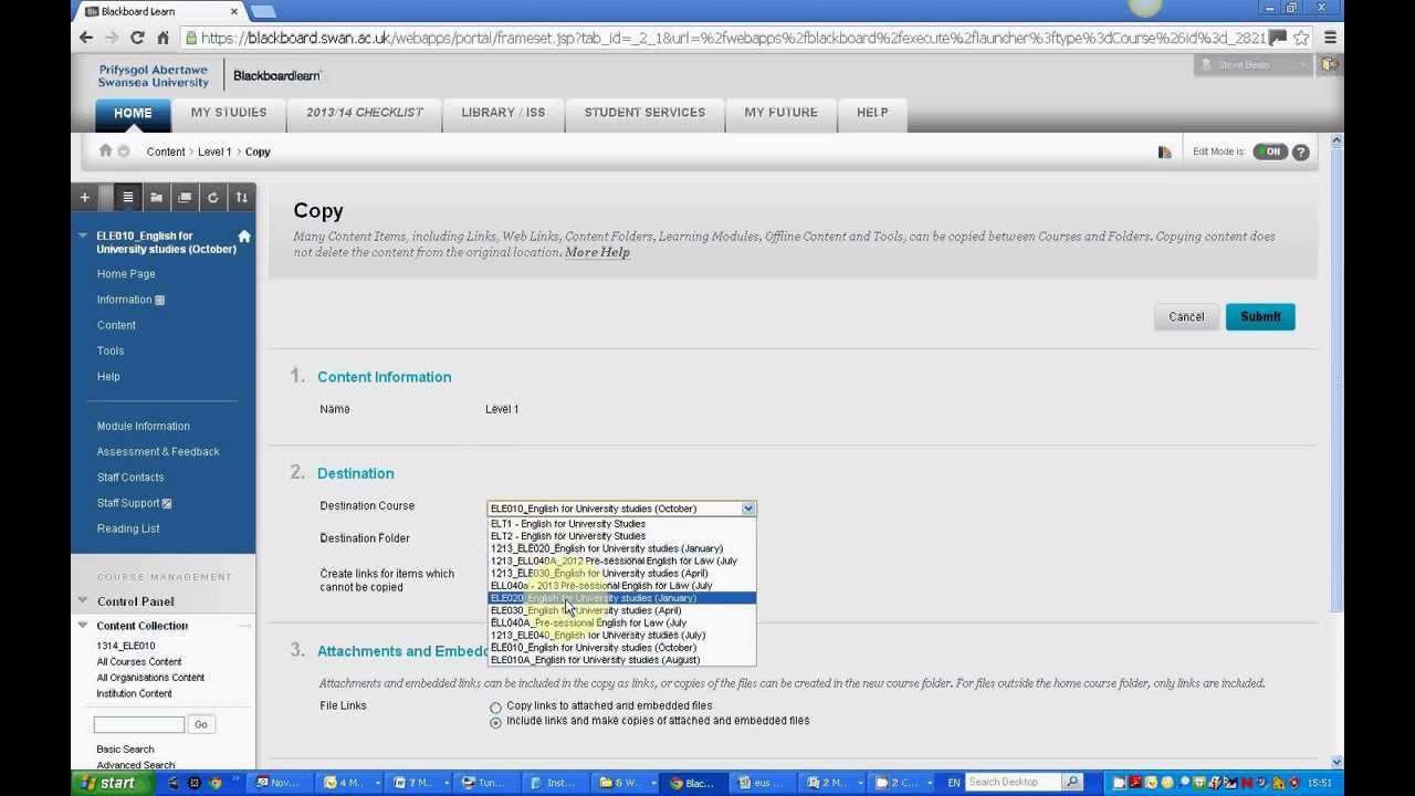 How to copy material from one Blackboard module to another