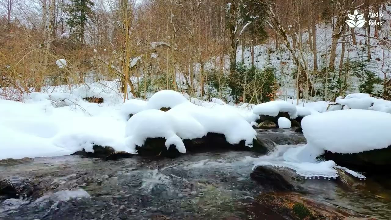 Тихий журчащий ручей, успокаивающий поток воды, атмосфера зимнего леса, 10 часов