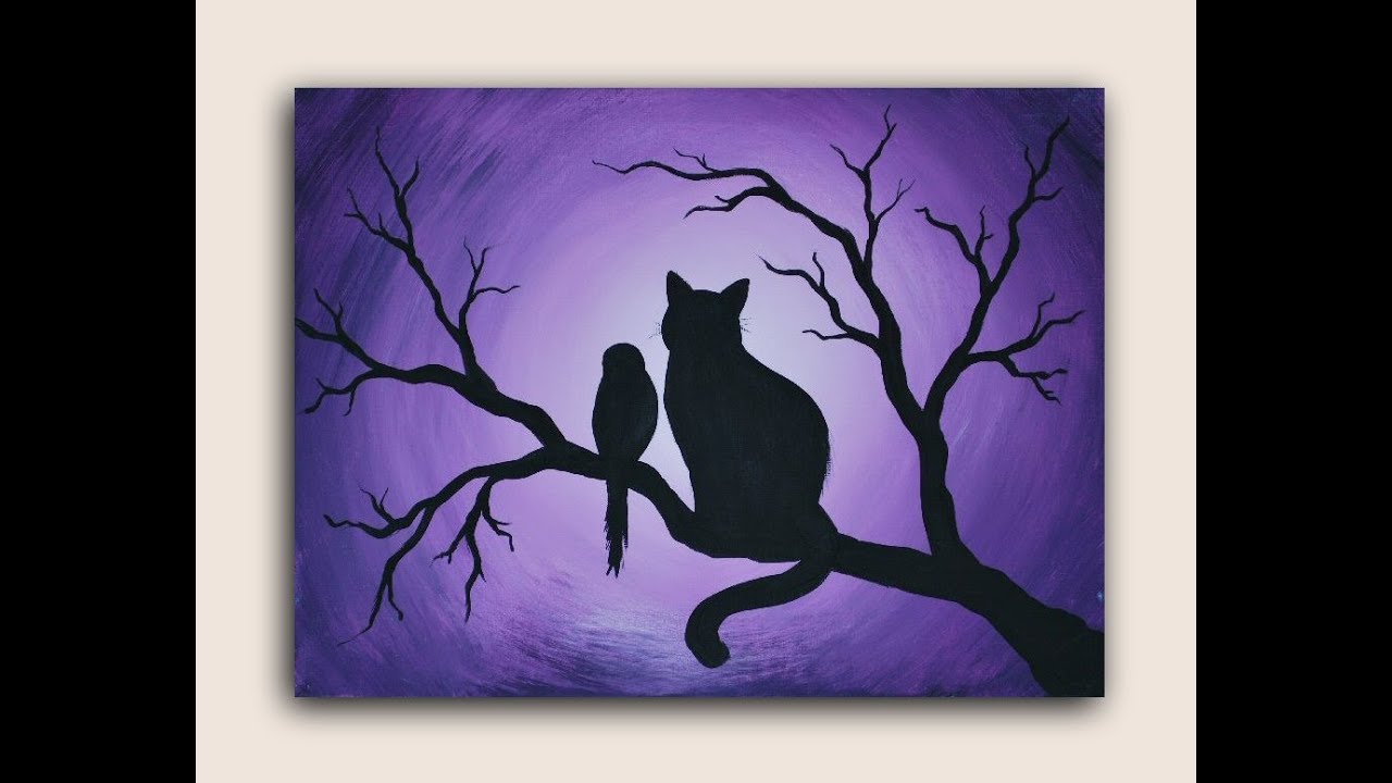 Acrylic Painting Cat and Bird Silhouette Painting on Canvas