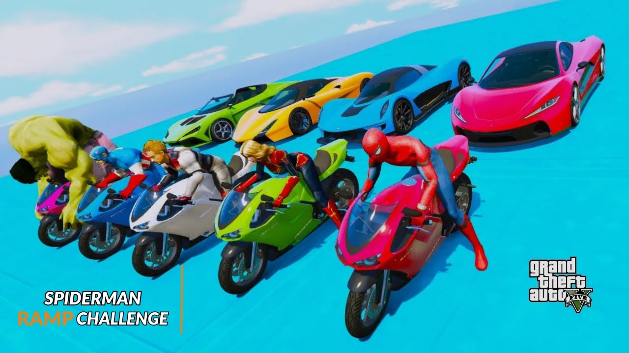 GTA 5 Spiderman Stunt Map Challenge | GTA V Stunt Map Car Race Challenge On Super Cars and Bikes