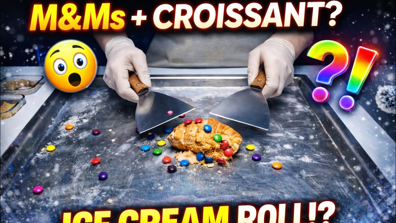 M&Ms + Croissant on an Ice Cream Roll Plate?! 😱❄️