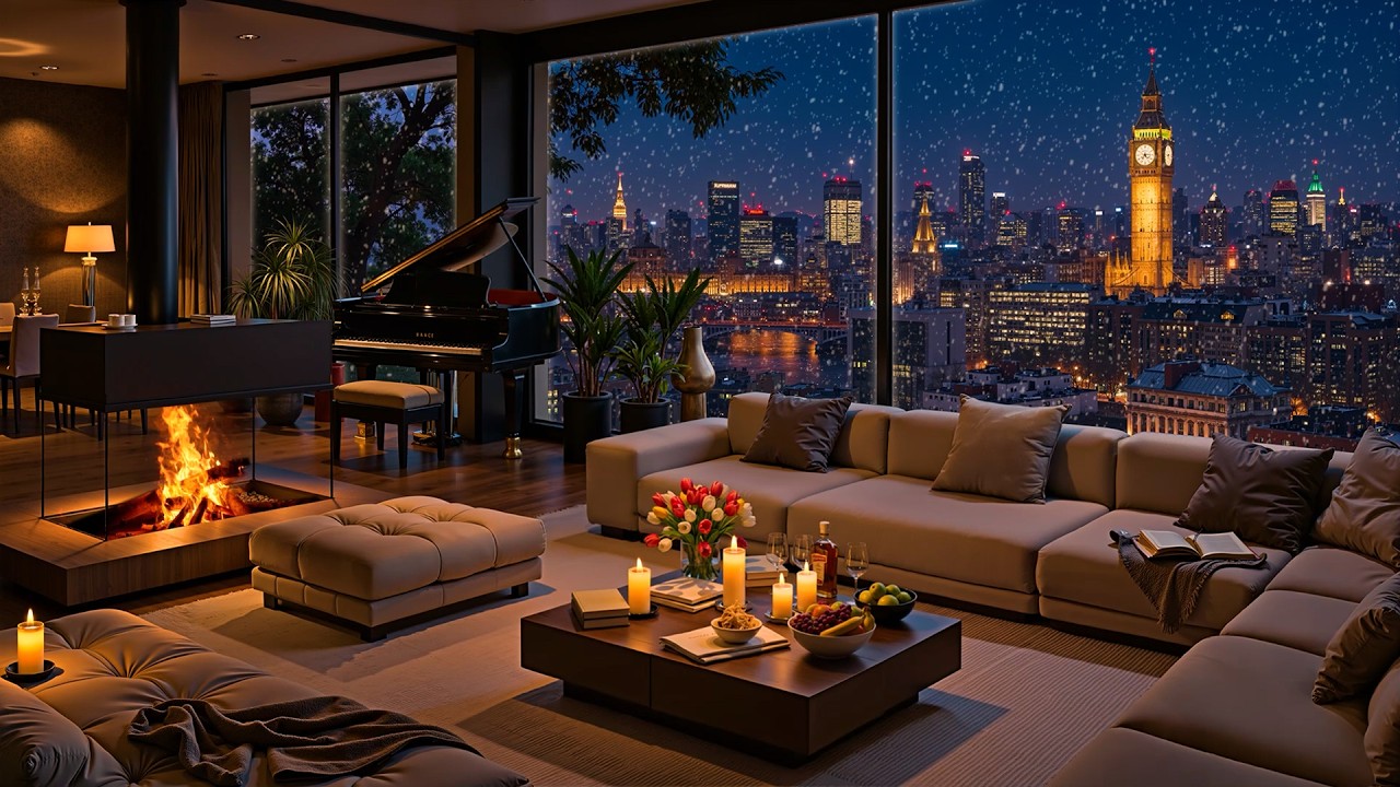 Winter Night Jazz ❄ Cozy Apartment in London with Elegant Jazz Saxophone & Snowfall for Relax, Sleep