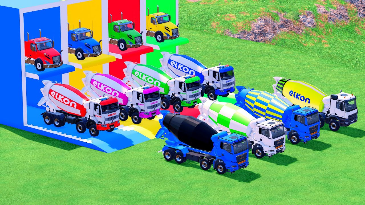 Garage with Colors - ALL MIXER TRUCK WITH DOUBLE FLATBED TRAILER TRUCK, VOLVO, RENAULT, SCANIA