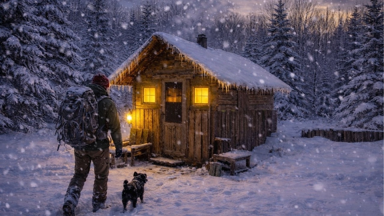 Solo Survival Camping in a Wooden Cabin Caught in a Snowstorm for 2 Days —  Winter Blizzard Night