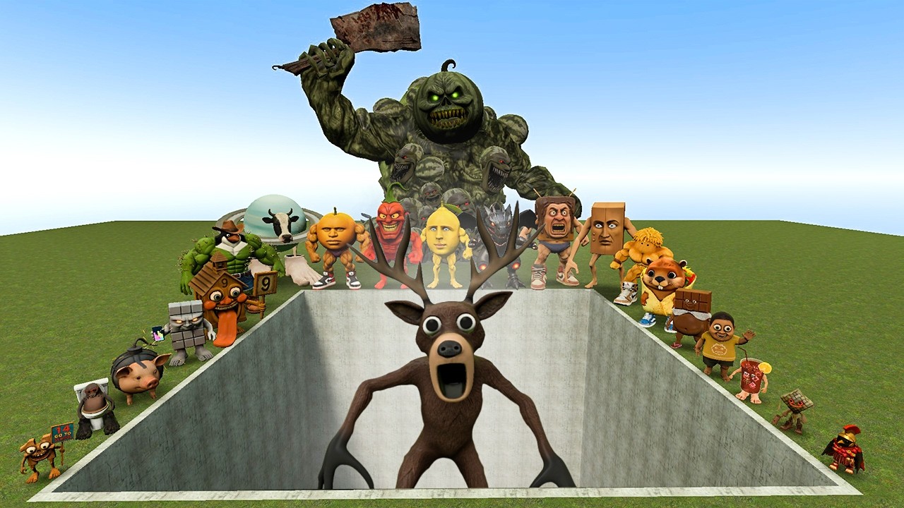 AI Brainrot Memes vs Cursed Deer 99 Nights in the Forest Bosses in Giant Pit – Gmod Chaos