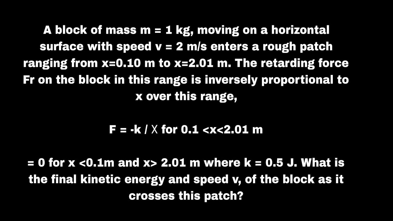 A block of mass m = 1 kg, moving on a horizontal surface with speed v = 2 m/s enters a rough patch