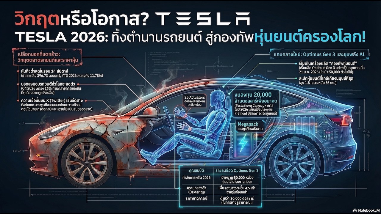 เดิมพัน 2 หมื่นล้านเหรียญ: ผ่ากลยุทธ์ Tesla 2026 จากเบอร์หนึ่ง EV สู่จักรวรรดิ AI และหุ่นยนต์