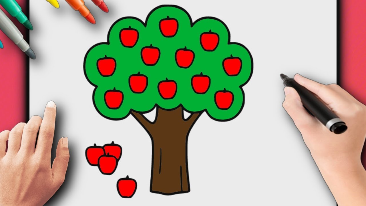 CÓMO DIBUJAR UN ÁRBOL? ÁRBOL CON LAS MANZANAS. DIBUJAR PARA DIBUJAR Y PINTAR FÁCIL – PASO A PASO.